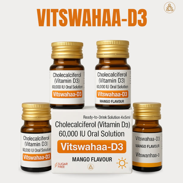Vitshahaa Cholecalciferol Vitamin D3 Nano Shots, Mango Flavour Improves bones & muscle health, 1 Pack of 4 bottles